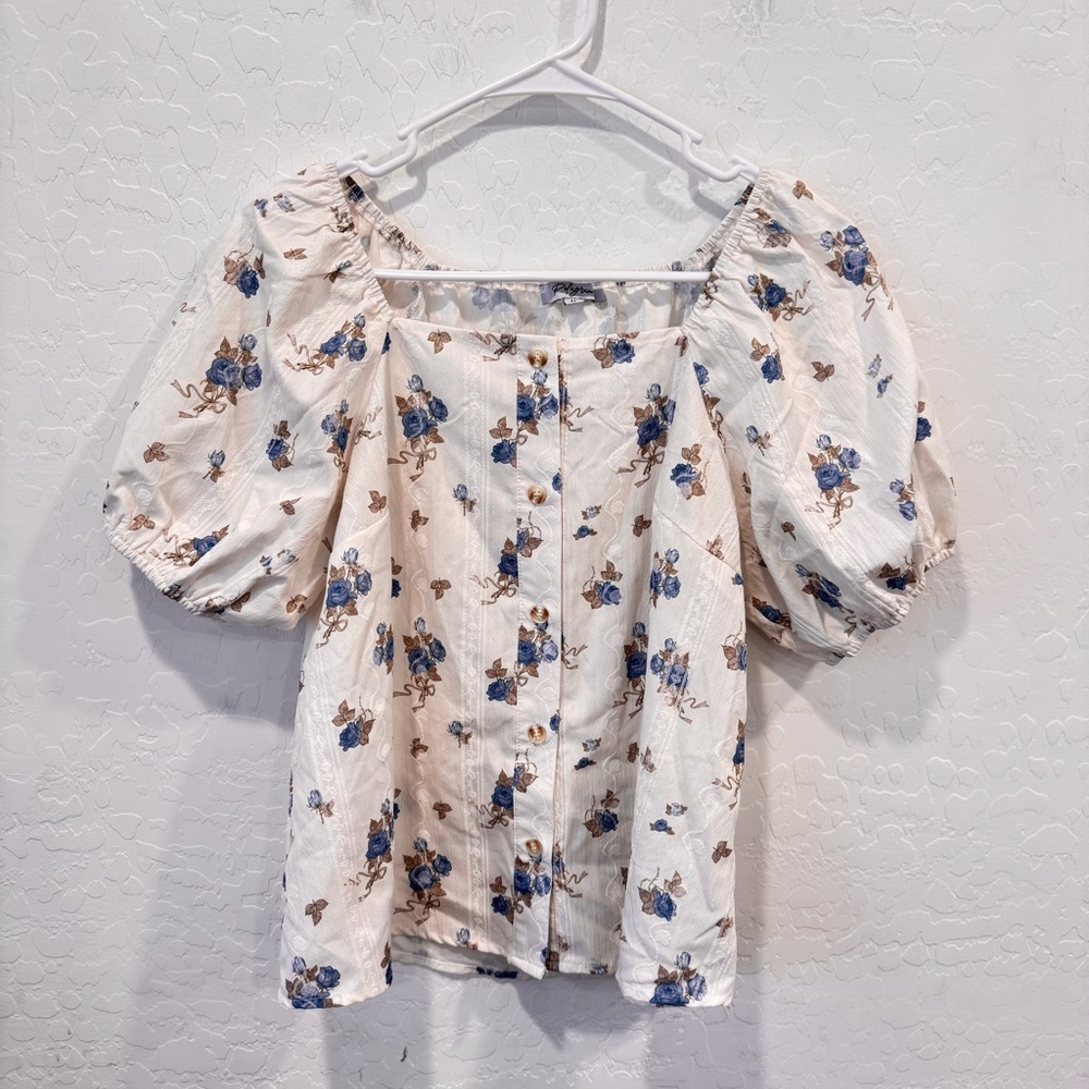 Polagram Cream Puff-Sleeve Blouse with Blue Floral Print Size Medium Square Neck